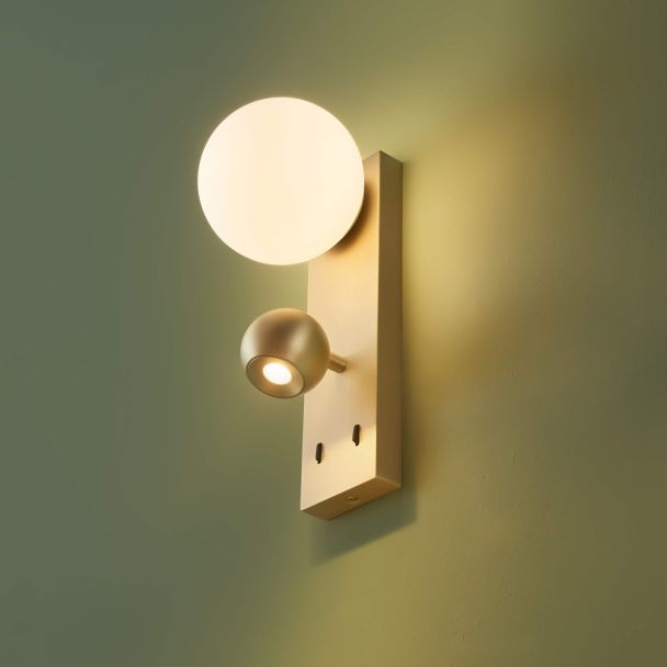 Goldene LED-Wandleuchte Doppel-Beleuchtung Leselicht weißes Glas - Avelysa