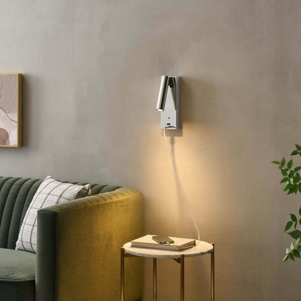 Chromfarbene LED-Leseleuchte mit USB-Anschluss...
