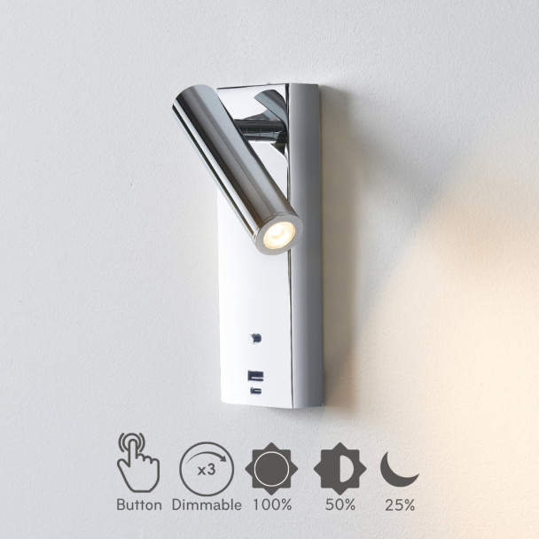 Chromfarbene LED-Leseleuchte mit USB-Anschluss...