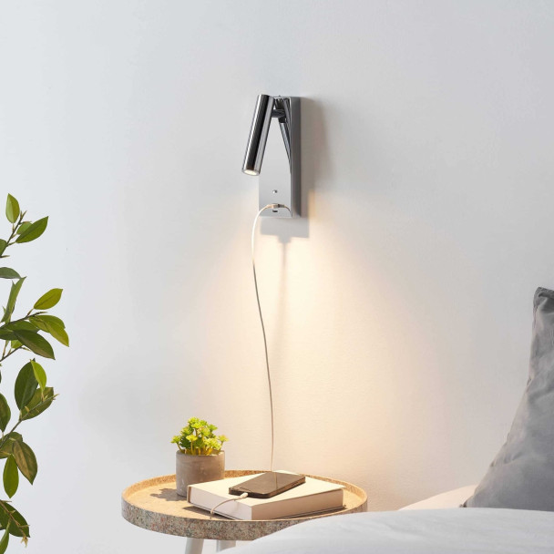Chromfarbene LED-Leseleuchte mit USB-Anschluss...