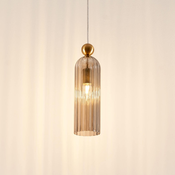 Goldene Hängelampe mit geripptem Rauchglas –...