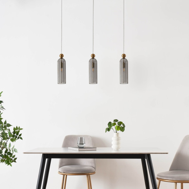 Goldene Hängelampe mit geripptem Rauchglas –...
