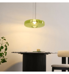 Moderne LED-Hängeleuchte mit scheibenförmigem grünem Glas...